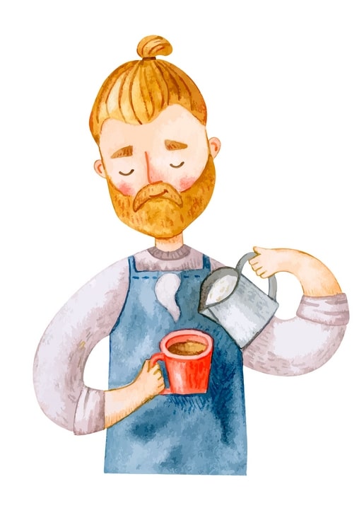 Illustration of a bearded man in an apron pouring milk into a red coffee mug