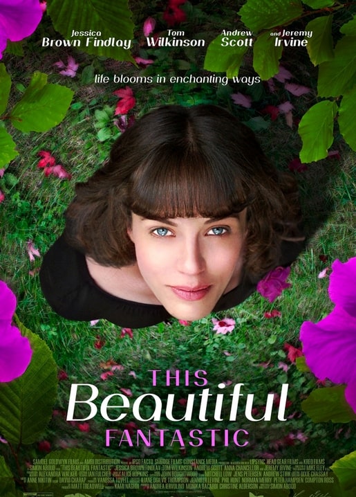 Poster „This Beautiful Fantastic“: Gesicht umgeben von Gras und rosa Blüten