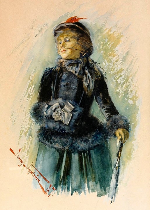 Watercolour portrait of a woman in a blue fur-trimmed coat with a white parasol and red-feathered hat, signed Jenny Nyström.