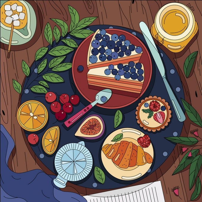 Top-down picnic spread with berry cake, croissant, and fresh fruit