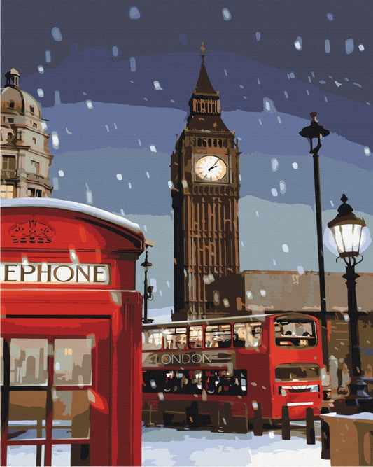 Malen-nach-Zahlen-Ansicht von Big Ben, einer roten Telefonzelle und einem Londoner Bus im Schnee