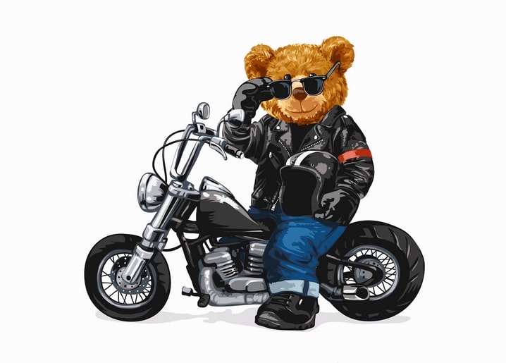 Illustrierter Teddybär im Lederoutfit mit Sonnenbrille auf einem verchromten Chopper