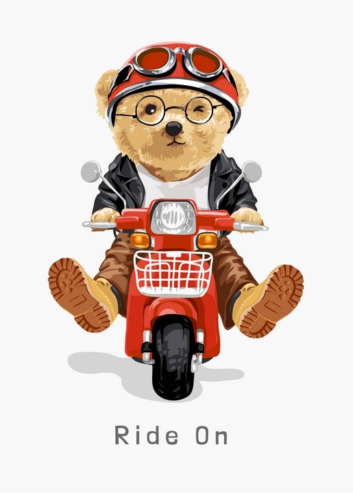 Teddybär-Biker mit Fliegerbrille und Lederjacke auf einem roten Roller