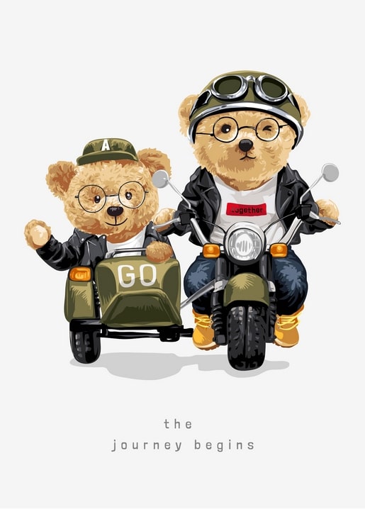 Zwei Teddybären auf einem Motorrad mit Beiwagen, Schriftzug „die reise beginnt“