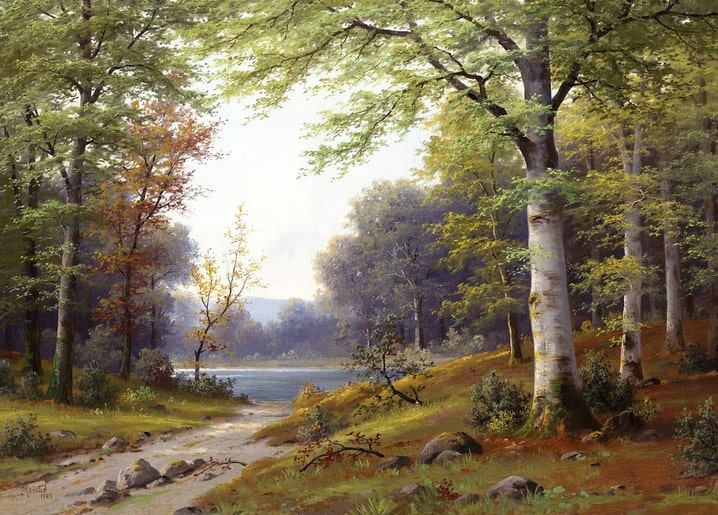 Birch-lined forest path opening onto a lake in early autumn, painting by Peder Mørk Mønsted, 1903