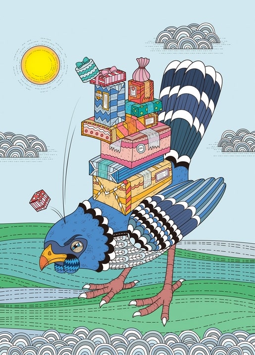 Illustrierter blauer Vogel fliegt über das Meer und trägt einen Turm aus Geschenkboxen