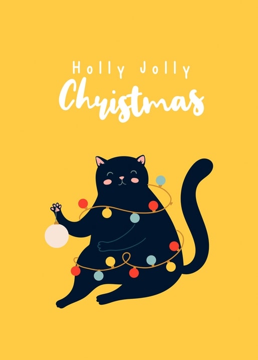 Чорний кіт заплутаний у гірлянді, тримає ялинкову кульку, напис 'Holly Jolly Christmas'