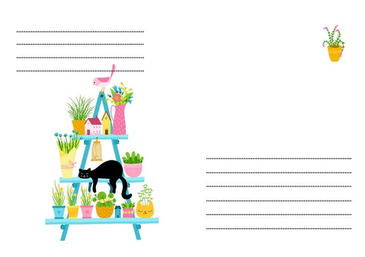 Umschlagillustration: schwarze Katze döst auf einem Pflanzenregal mit Vogelkäfig und rosa Vogel