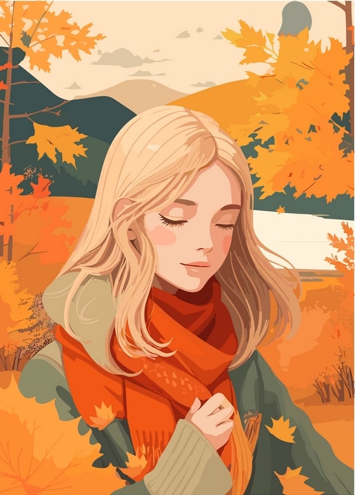 Blonde girl with closed eyes in a burnt-orange scarf among golden autumn maples and mountains