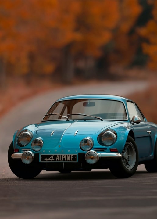 Вінтажний синій автомобіль Alpine A110 на дорозі серед оранжевого осіннього листя