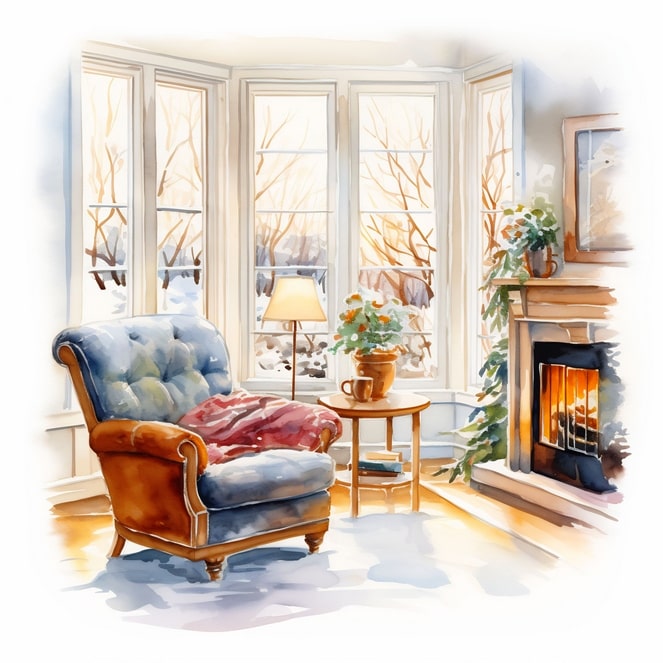 Blauer Ohrensessel mit Plaid am verschneiten Erkerfenster, Aquarell