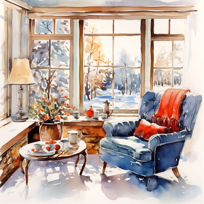 Aquarell-Szene eines blauen Sessels mit Plaid am Fenster vor einem verschneiten Wald
