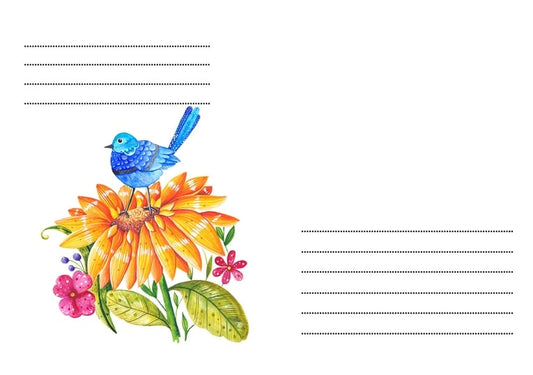 Aquarell mit blauem Vogel auf orangener Blüte und rosa Blüten auf weißem Briefumschlag