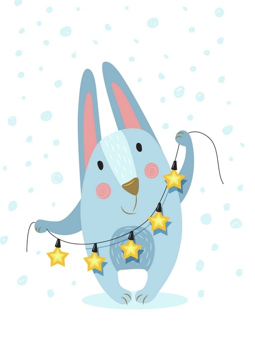 Illustrierter blauer Hase hängt eine Girlande aus gelben Sternen auf einer Weihnachtspostkarte auf