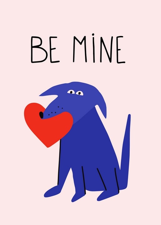 Minimalistische Illustration eines blauen Hundes mit rotem Herz im Maul