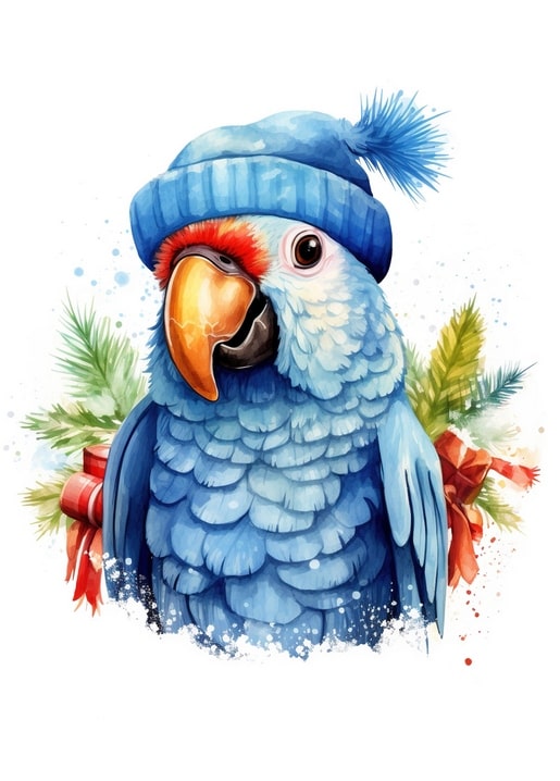 Aquarellierter blauer Papagei mit Wintermütze zwischen Tannenzweigen und roter Schleife