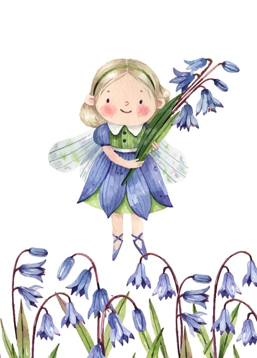 Aquarell-Fee im blauen Blütenrock hält einen Strauß Glockenblumen