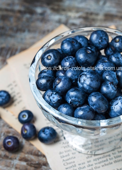 Glasschale mit Heidelbeeren auf den Seiten eines aufgeschlagenen Buches auf Holztisch