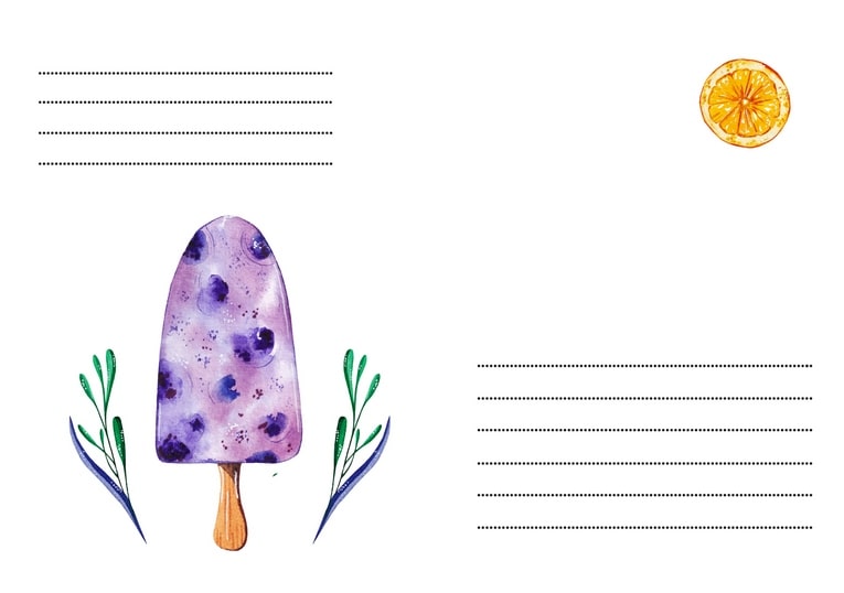 Aquarelliertes Blaubeer-Eis am Stiel mit grünen Zweigen und Orangenscheibe in der Ecke