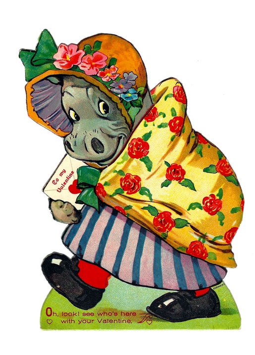 Vintage Valentine postcard of a bonneted animal character carrying a To my Valentine envelope