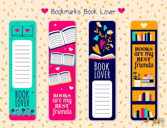 Чотири закладки для книголюбів із серцями, книгами, квітами та книжковою поличкою