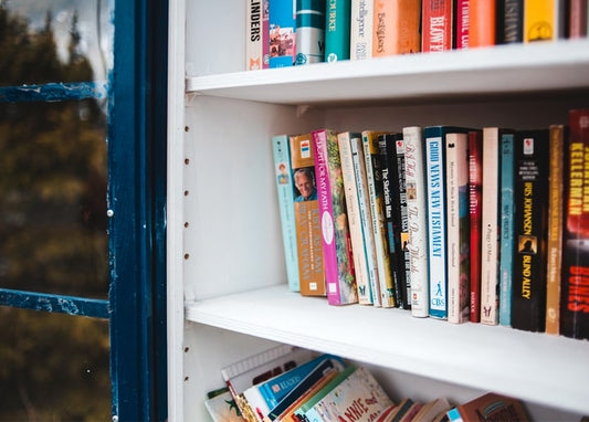 Різнокольорові книжки на полиці біля вікна із синьою рамою та зеленню за склом