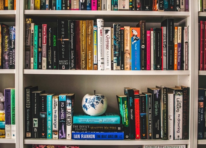 Книжкова полиця з різнокольоровими корінцями та синьо-білим керамічним яблуком