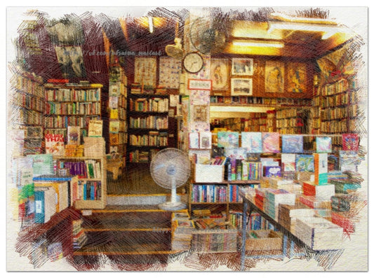 Ілюстрація кольоровим олівцем: стара книгарня зі стінним годинником і вентилятором