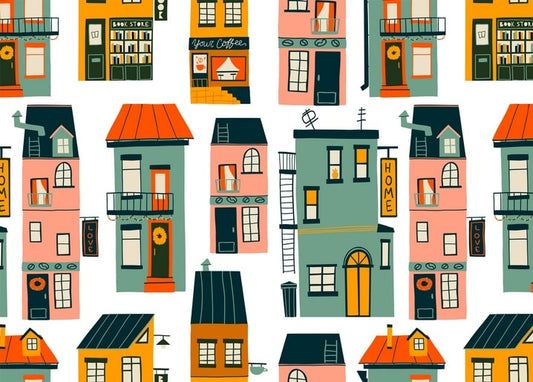 Illustrierte Reihe bunter Stadthäuser mit Buchladen, Café, Balkonen und Feuertreppen