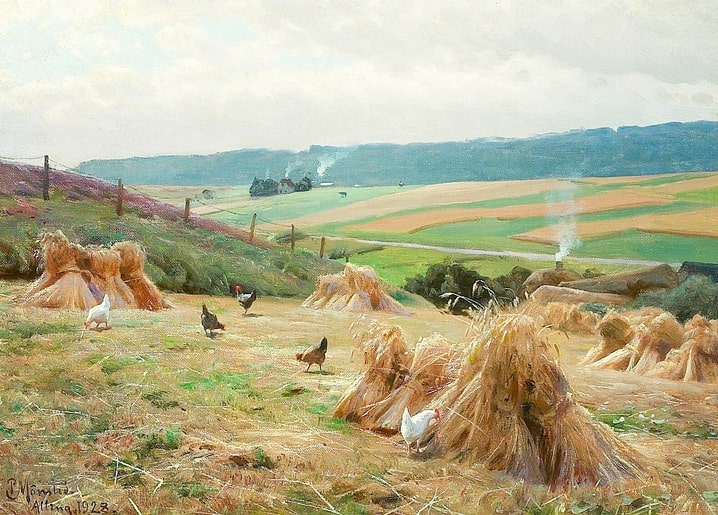 Getreidegarben und Hühner auf einem Erntefeld bei Bornholm, Gemälde von Peder Mønsted, 1928