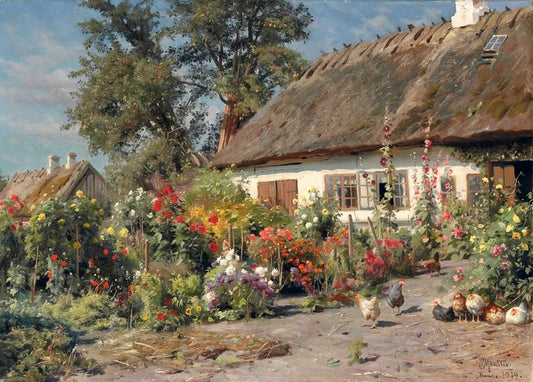 Thatched farmhouse at Borre with dahlias, sunflowers, hollyhocks and chickens on the path