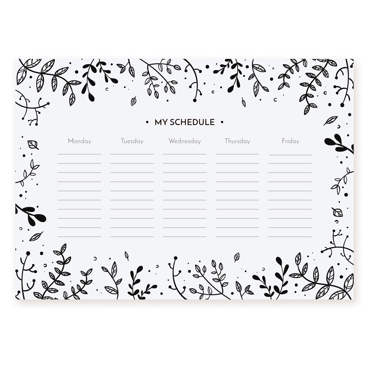 Black-and-white weekly planner with hand-drawn leaves and a Monday-to-Friday grid
