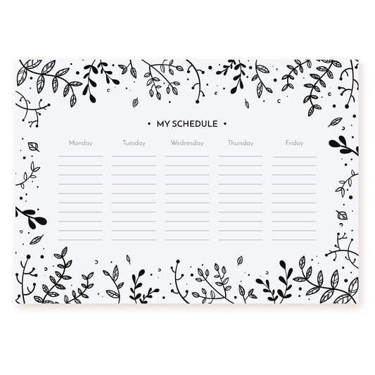 Black-and-white weekly planner with hand-drawn leaves and a Monday-to-Friday grid