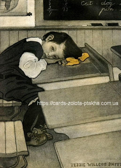 Vintage illustration of a boy asleep at his school desk by Jessie Willcox Smith