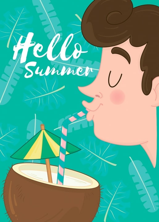 Illustrated boy drinking through a straw from a coconut with tropical leaves behind him