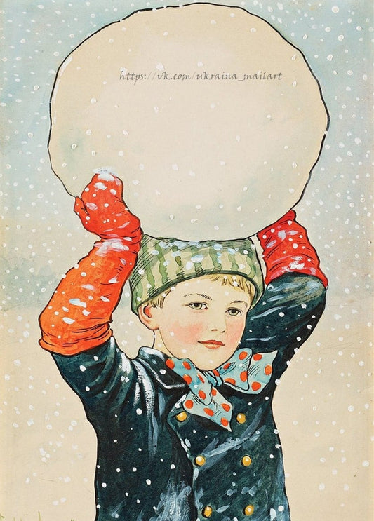 Illustration von Jenny Nyström: Junge mit gestreifter Mütze hebt riesigen Schneeball