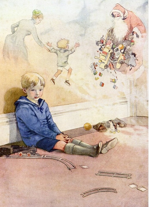 Junge im Matrosenanzug bei der Spielzeugbahn träumt vom Weihnachtsmann mit Sack voller Spielsachen, Illustration Honor Appleton.
