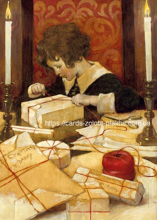 Junge verpackt Weihnachtsgeschenke bei Kerzenlicht, Illustration von Jessie Willcox Smith