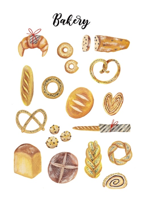 Watercolor illustration of croissant, bagels, pretzel, baguette and braided bread under a ‘Bakery’ title