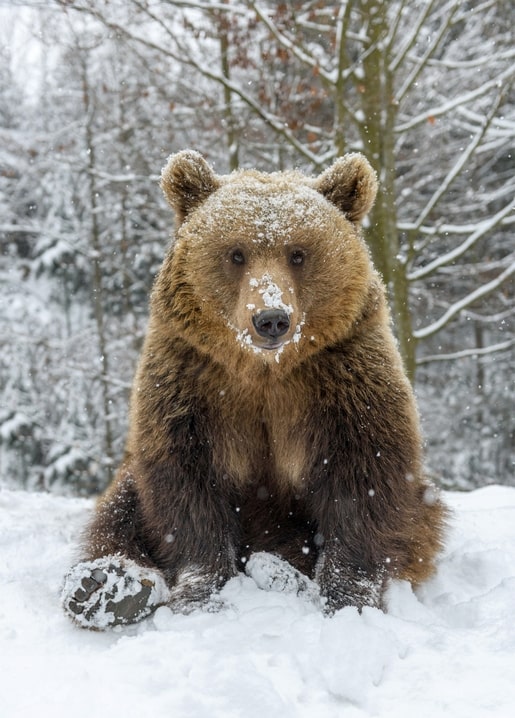 Brauner Bär mit Schnee bedeckt sitzt in einem stillen Winterwald