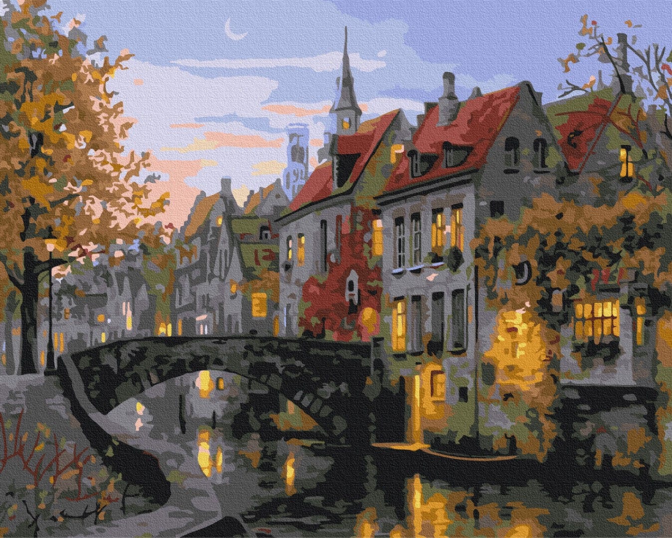 Painting of a moonlit canal in Bruges with a stone bridge and autumn foliage