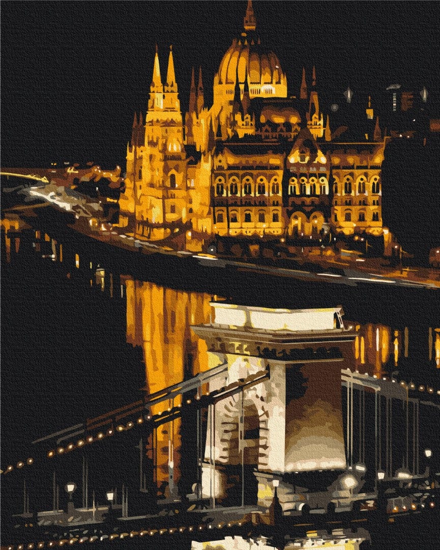 Paint-by-numbers scene of Budapest's Parliament Building and Chain Bridge at night