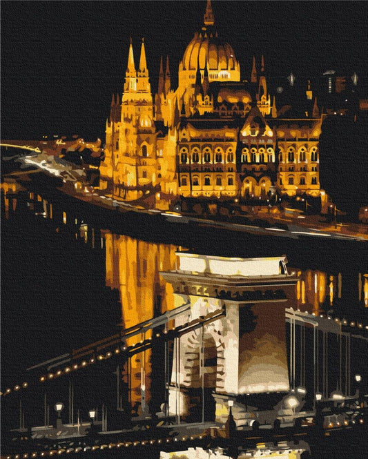 Paint-by-numbers scene of Budapest's Parliament Building and Chain Bridge at night