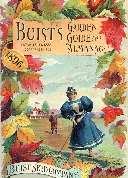Vintage Buist's Garden Guide and Almanac 1896 cover with a woman golfing in an autumn leaf border