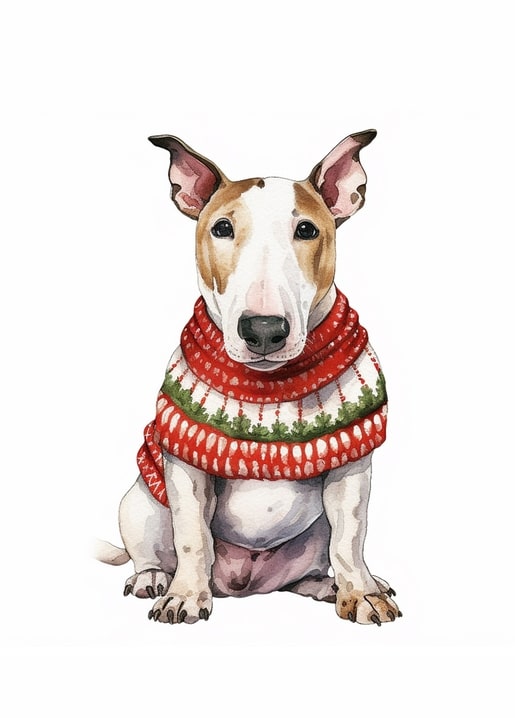 Aquarell-Illustration eines Bullterriers mit rot-weiß-grünem Strickschal