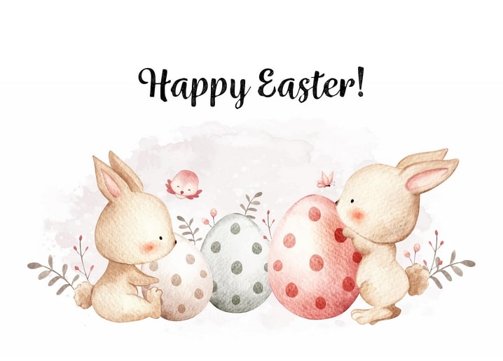 Двоє акварельних кроликів з крапчастими яйцями та написом «Happy Easter!»