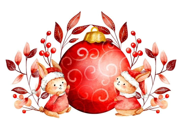 Zwei Hasen in Nikolausmützen neben einer großen roten Weihnachtskugel mit Beeren und Blättern