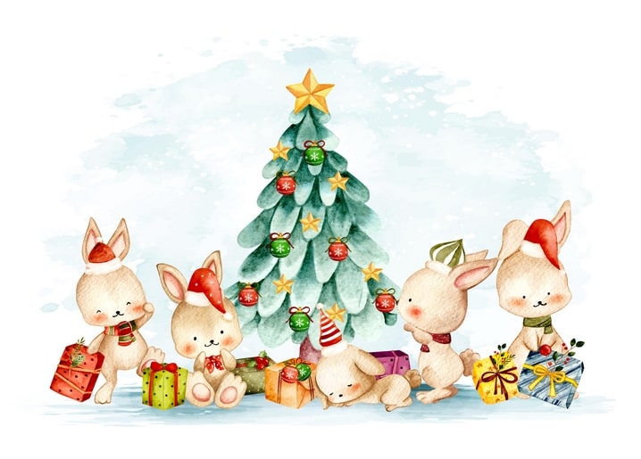 Aquarell-Postkarte mit fünf Hasen in Weihnachtsmützen um einen geschmückten Weihnachtsbaum
