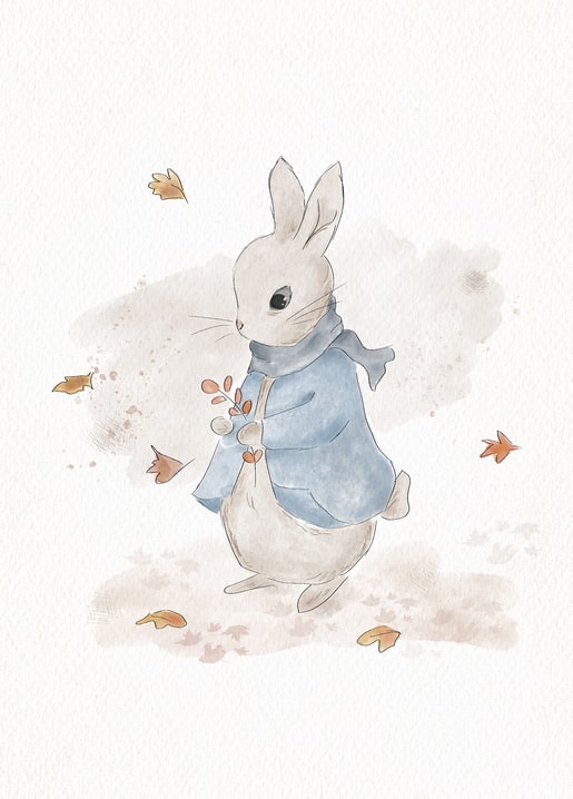 Sepia watercolor bunny in a blue coat walking through falling autumn leaves