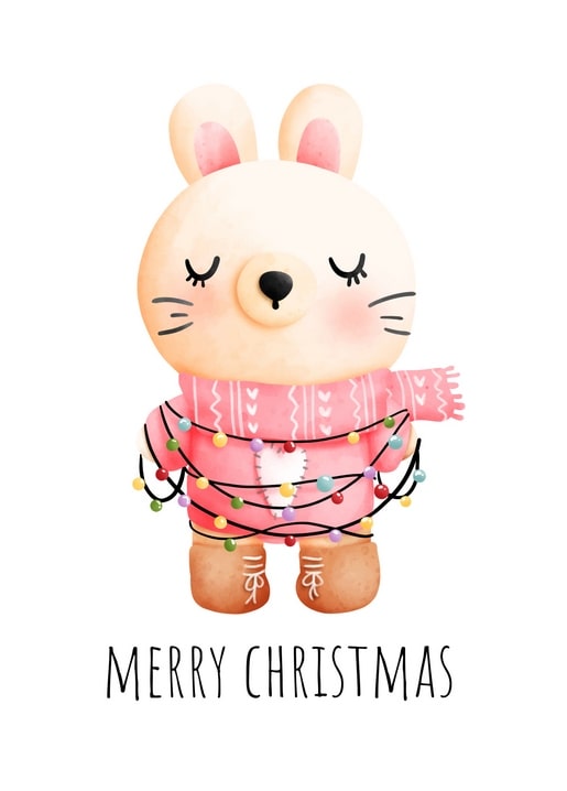 Aquarell-Hase im rosa Pullover, umschlungen von einer Lichterkette, Postkarte „Merry Christmas“